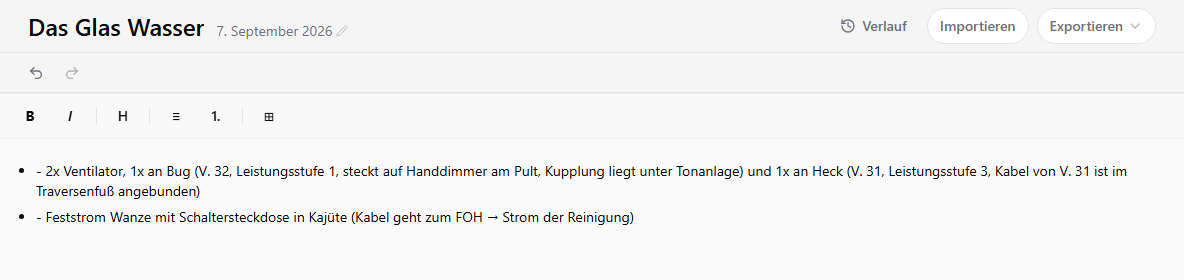 Aufbaunotizen einer Show