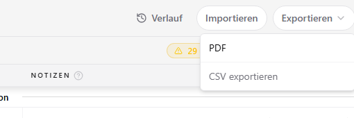Export-Menü mit PDF- und CSV-Export