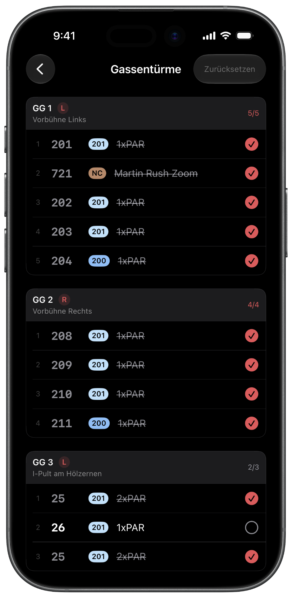 Beleuchtungstürme-Ansicht in der iOS-App