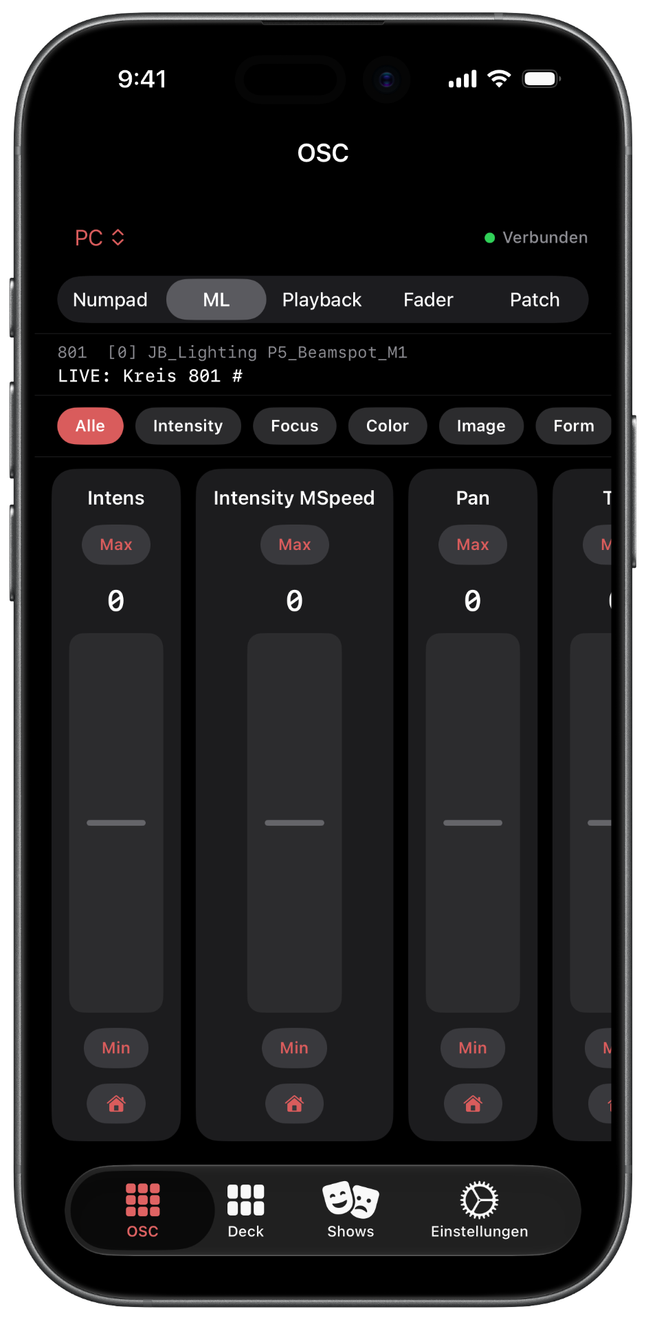 Moving-Lights-Ansicht in der iOS-App