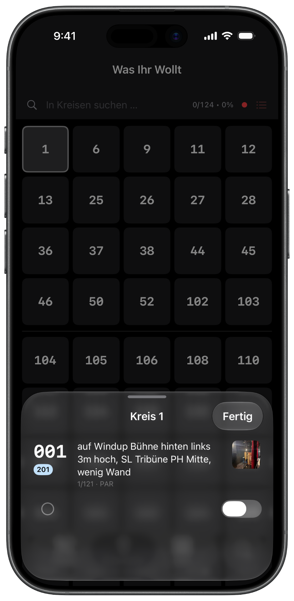 Einleuchten-Modus als Grid in der iOS-App